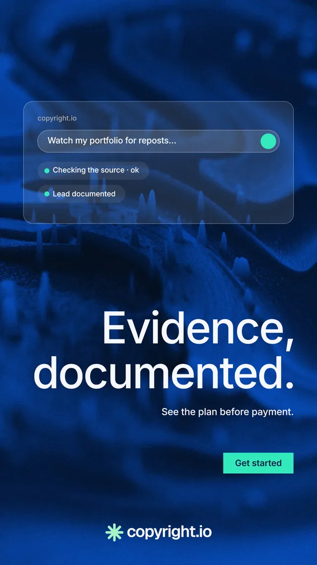 Instagram story for copyright.io: "Evidence, documented." Swiss style, right layout, dark palette in blue.
