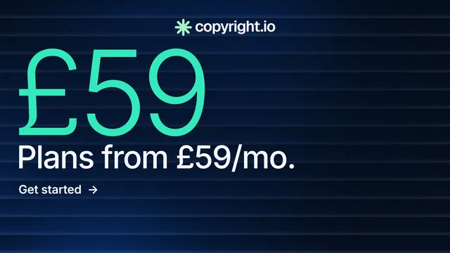 Landscape graphic for copyright.io: "Continuous protection for creators." Minimal luxury style, stat layout, dark palette in black, blue, teal.