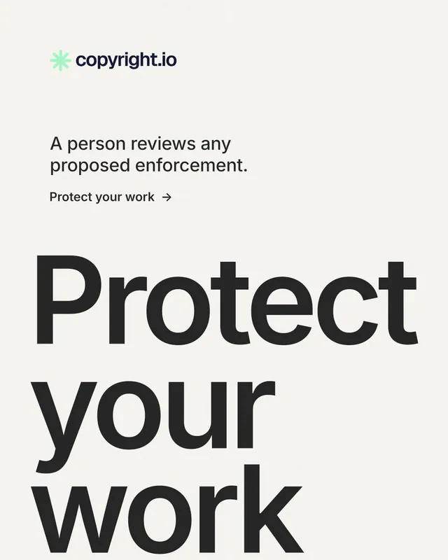 Instagram portrait post for copyright.io: "See the plan first." Minimal luxury style, oversized layout, light palette in white, grey, green.