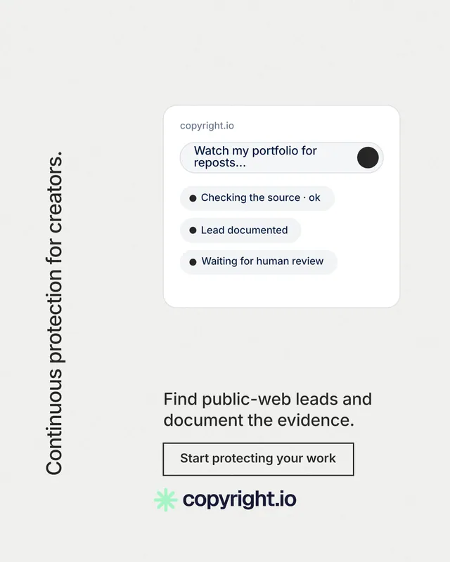 Instagram portrait post for copyright.io: "Continuous protection for creators." Editorial style, vertical layout, light palette in white.