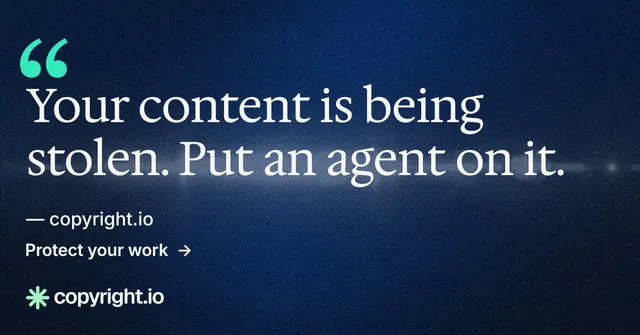 Social ad for copyright.io: "Your content is being stolen." Minimal luxury style, quote layout, dark palette in blue, black.