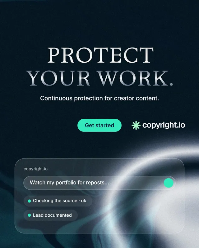 Instagram portrait post for copyright.io: "Protect your work." Y2K style, centred layout, dark palette in black, blue, grey.