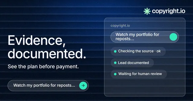 Social ad for copyright.io: "Evidence, documented." Agentic glass style, bottom layout, dark palette in black, blue, grey.