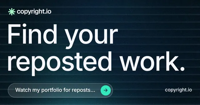 Social ad for copyright.io: "Find your reposted work." Agentic glass style, poster layout, dark palette in black, blue, grey.