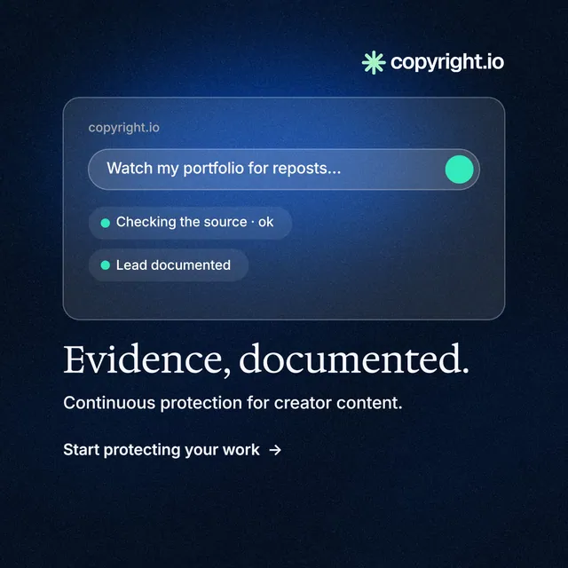 Instagram post for copyright.io: "Evidence, documented." Minimal luxury style, bottom layout, dark palette in blue, black.
