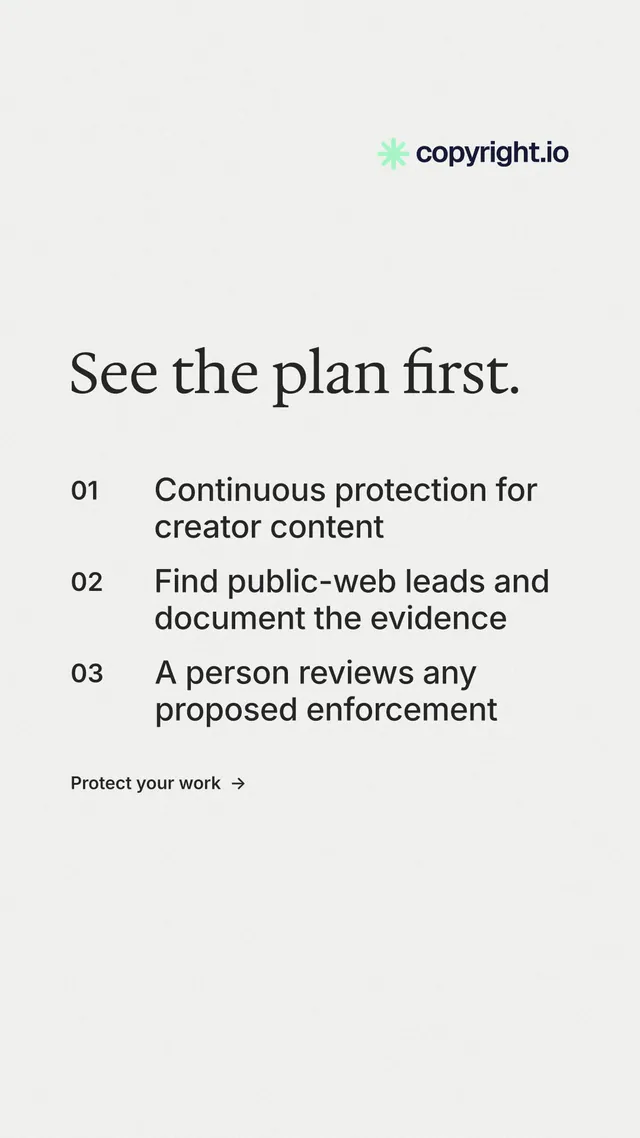 Instagram story for copyright.io: "See the plan first." Minimal luxury style, numbered layout, light palette in white.