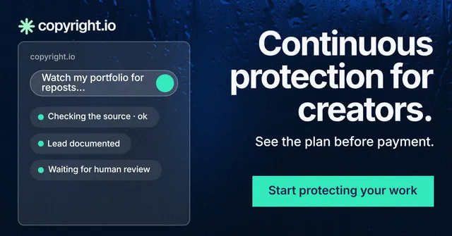 Social ad for copyright.io: "Continuous protection for creators." Swiss style, right layout, dark palette in blue, black, teal.
