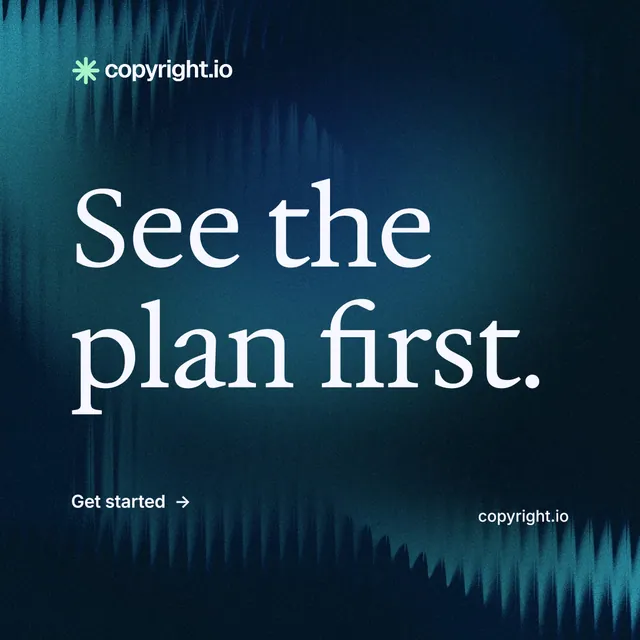 Instagram post for copyright.io: "See the plan first." Minimal luxury style, poster layout, dark palette in blue, black.
