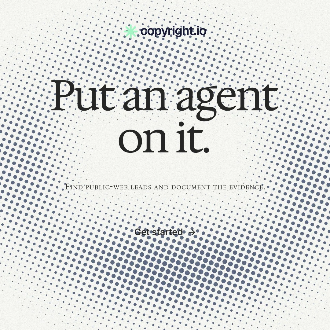 Instagram post for copyright.io: "Put an agent on it." Swiss style, smallcaps layout, light palette in white, grey.