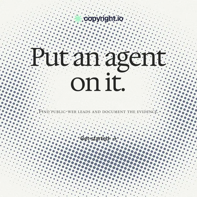 Instagram post for copyright.io: "Put an agent on it." Swiss style, smallcaps layout, light palette in white, grey.