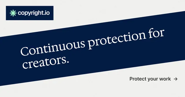 Social ad for copyright.io: "Continuous protection for creators." Minimal luxury style, diagonal layout, light palette in white, blue.