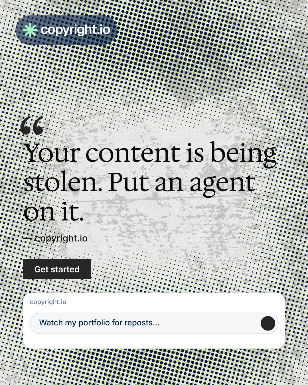 Instagram portrait post for copyright.io: "Continuous protection for creators." Swiss style, quote layout, light palette in grey, white.
