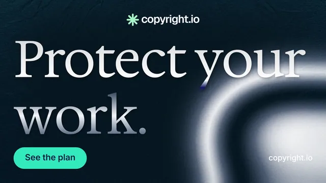 Landscape graphic for copyright.io: "Protect your work." Y2K style, poster layout, dark palette in black, grey, blue.