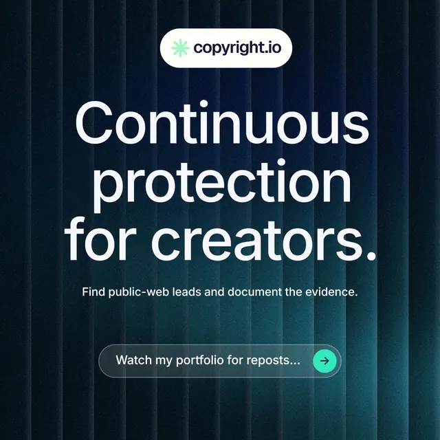 Instagram post for copyright.io: "Continuous protection for creators." Agentic glass style, centred layout, dark palette in black, blue, grey.