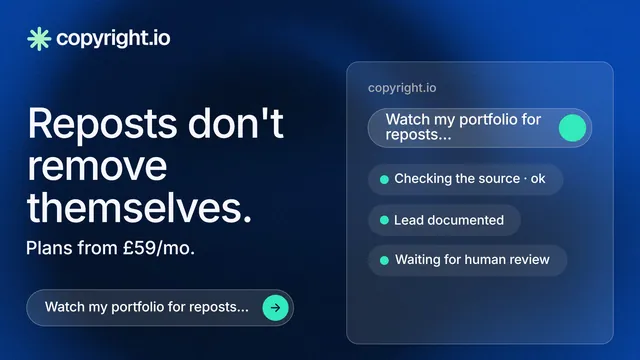 Landscape graphic for copyright.io: "Reposts don't remove themselves." Agentic glass style, bottom layout, dark palette in blue, black.