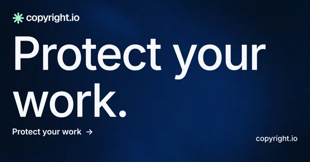 Social ad for copyright.io: "Protect your work." Minimal luxury style, poster layout, dark palette in blue, black.