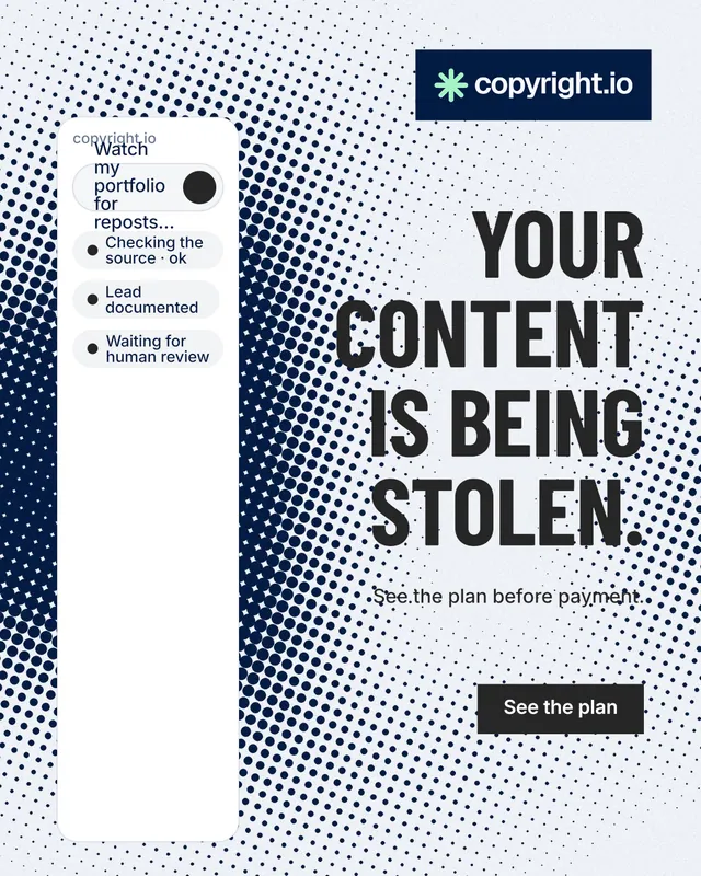 Instagram portrait post for copyright.io: "Your content is being stolen." Retro print style, right layout, light palette in grey, blue, white.