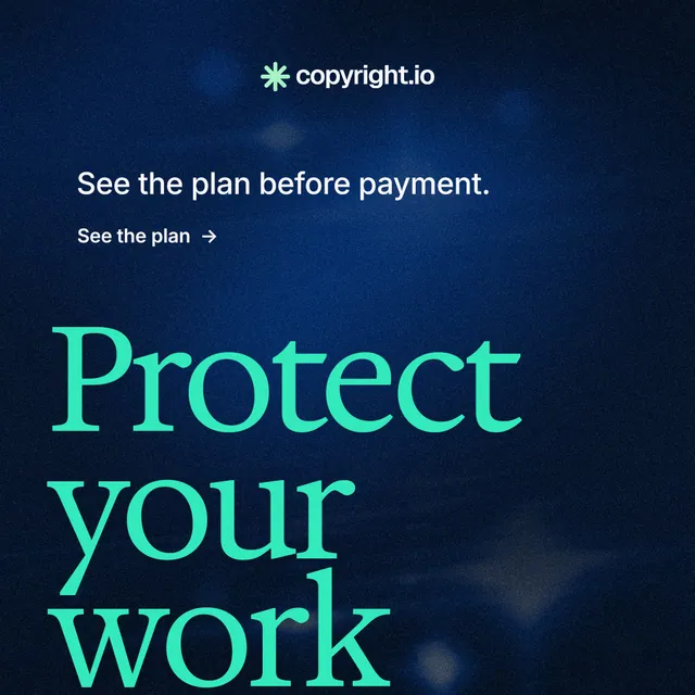 Instagram post for copyright.io: "Continuous protection for creators." Minimal luxury style, oversized layout, dark palette in black, blue, teal.