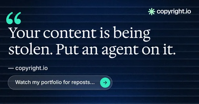 Social ad for copyright.io: "Continuous protection for creators." Agentic glass style, quote layout, dark palette in black, blue, grey.