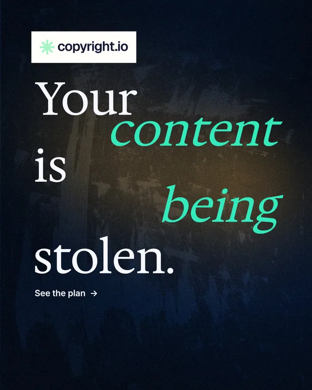 Instagram portrait post for copyright.io: "Your content is being stolen." Minimal luxury style, stacked layout, dark palette in blue, black, grey.