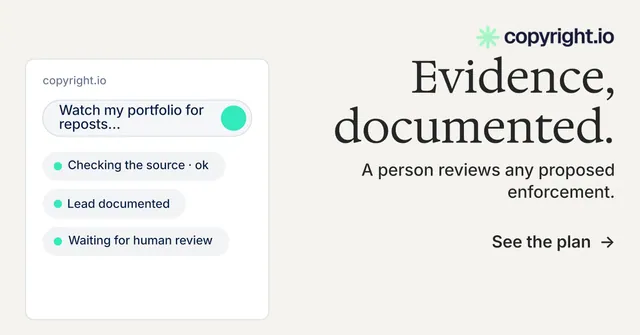 Social ad for copyright.io: "Evidence, documented." Minimal luxury style, right layout, light palette in white, grey.
