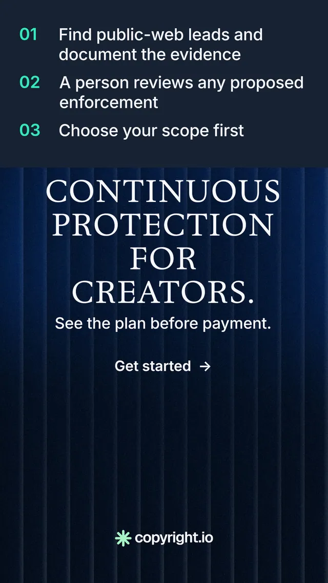 Instagram story for copyright.io: "Continuous protection for creators." Minimal luxury style, skeleton layout, dark palette in blue, black.