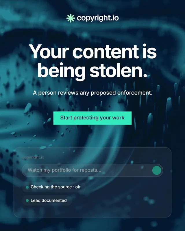 Instagram portrait post for copyright.io: "Your content is being stolen." Swiss style, centred layout, dark palette in blue, black, teal.