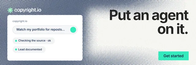 X header for copyright.io: "Put an agent on it." Swiss style, right layout, light palette in white, grey.