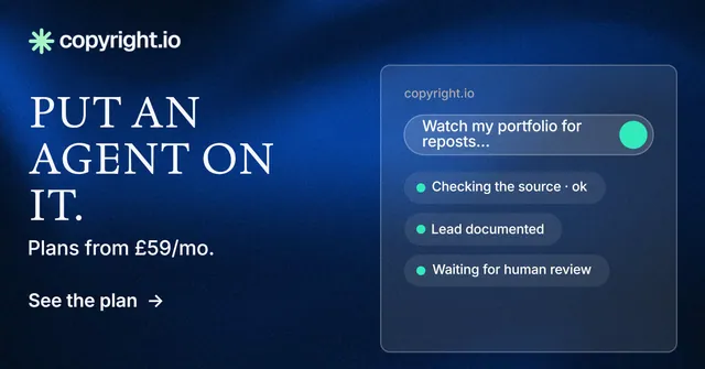 Social ad for copyright.io: "Put an agent on it." Minimal luxury style, bottom layout, dark palette in black, blue.