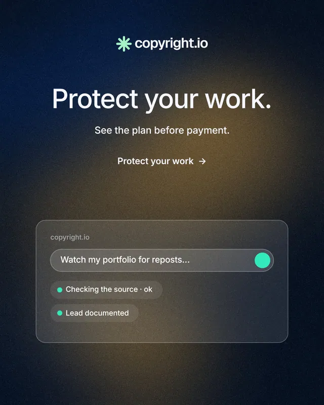 Instagram portrait post for copyright.io: "Protect your work." Minimal luxury style, centred layout, dark palette in black, blue, grey.