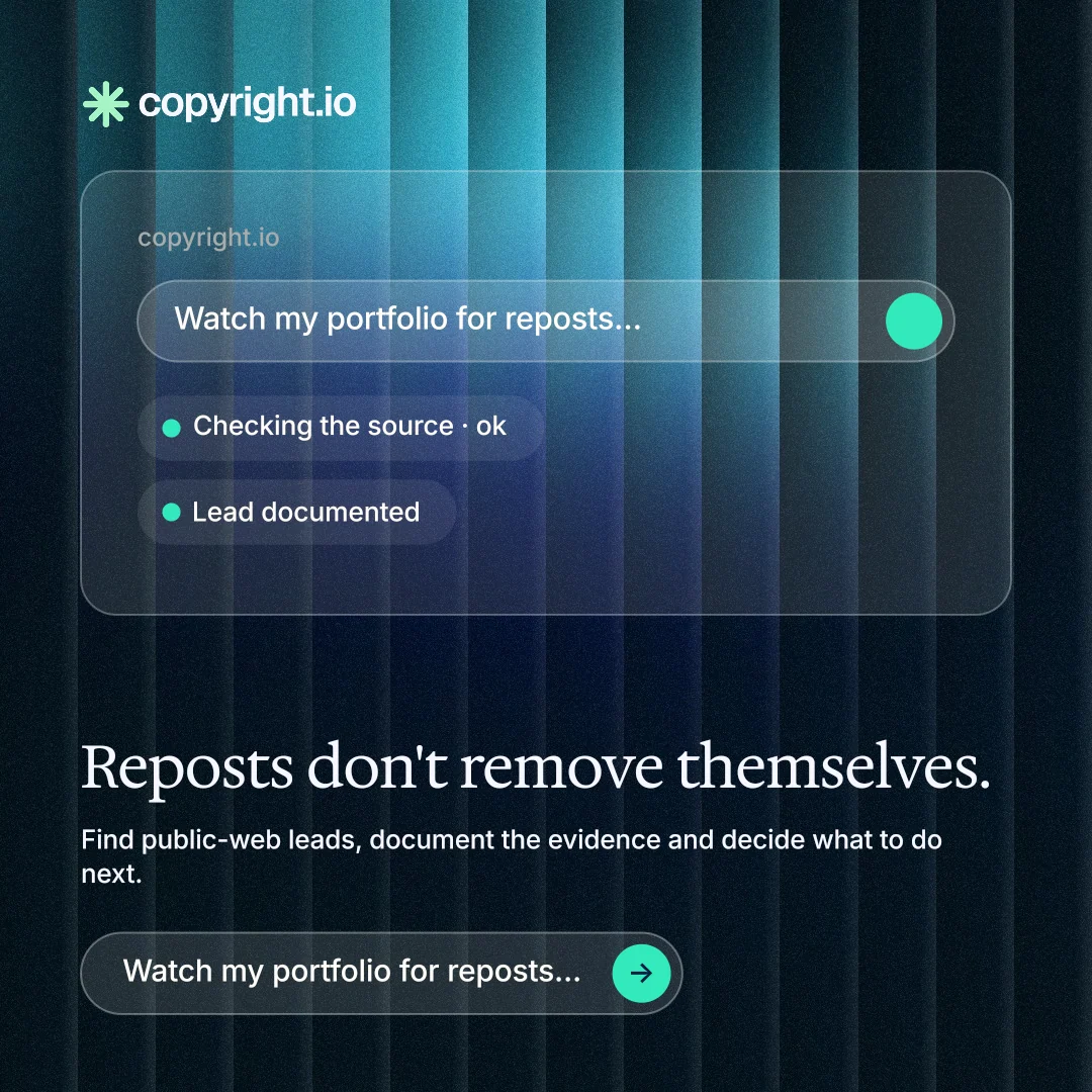 Instagram post for copyright.io: "Reposts don't remove themselves." Agentic glass style, bottom layout, dark palette in black, blue, teal.