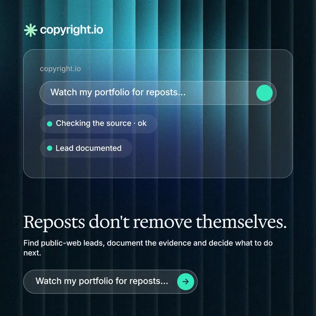 Instagram post for copyright.io: "Reposts don't remove themselves." Agentic glass style, bottom layout, dark palette in black, blue, teal.