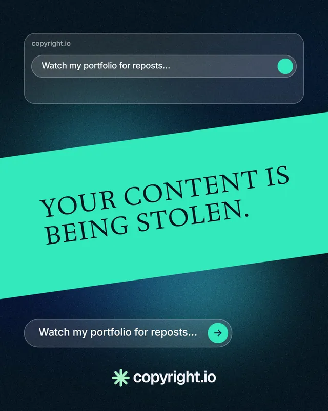 Instagram portrait post for copyright.io: "Your content is being stolen." Agentic glass style, diagonal layout, dark palette in black, blue, teal.