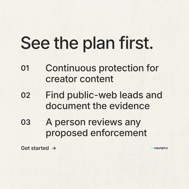 Instagram post for copyright.io: "See the plan first." Minimal luxury style, numbered layout, light palette in white.