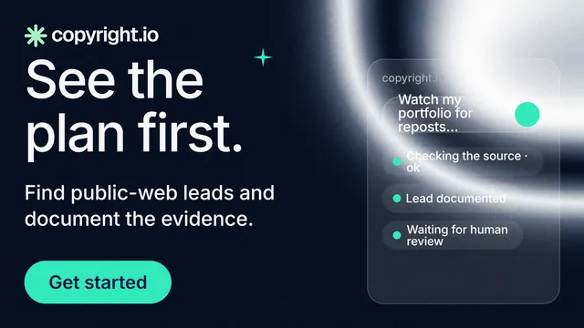 Landscape graphic for copyright.io: "See the plan first." Y2K style, skeleton layout, dark palette in black, teal, blue.