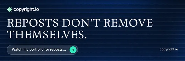 X header for copyright.io: "Reposts don't remove themselves." Agentic glass style, poster layout, dark palette in blue, black.