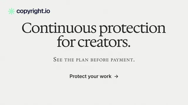 Landscape graphic for copyright.io: "Continuous protection for creators." Swiss style, smallcaps layout, light palette in white.