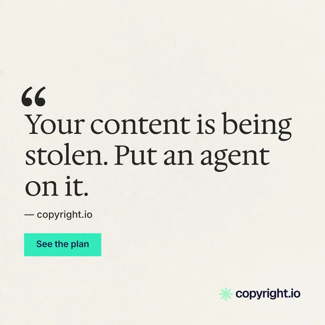 Instagram post for copyright.io: "Your content is being stolen." Swiss style, quote layout, light palette in white, grey.