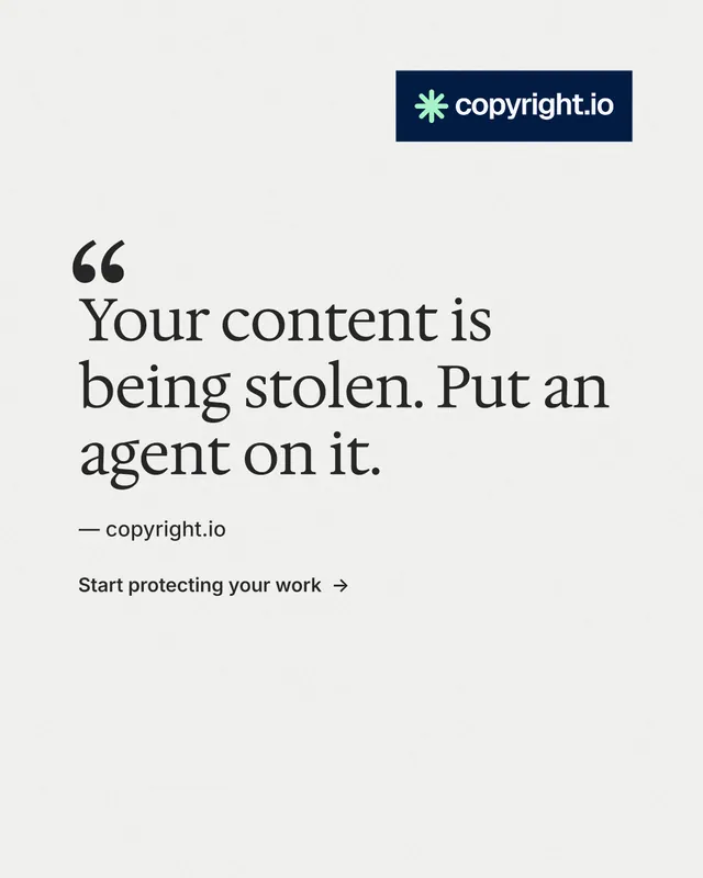 Instagram portrait post for copyright.io: "Your content is being stolen." Minimal luxury style, quote layout, light palette in white, grey.