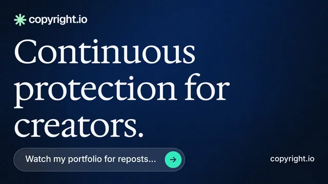 Landscape graphic for copyright.io: "Continuous protection for creators." Agentic glass style, poster layout, dark palette in blue, black, grey.