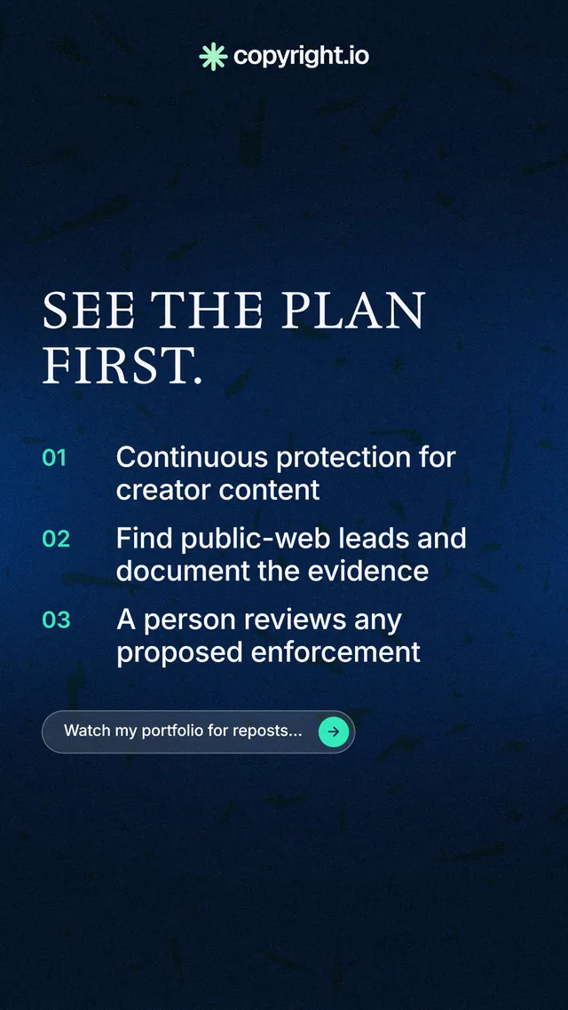 Instagram story for copyright.io: "See the plan first." Agentic glass style, numbered layout, dark palette in blue, black.