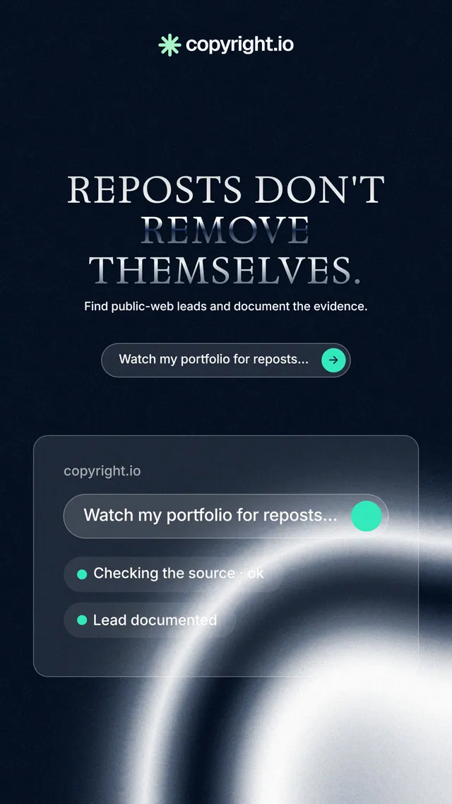 Instagram story for copyright.io: "Reposts don't remove themselves." Agentic glass style, centred layout, dark palette in black, blue, grey.
