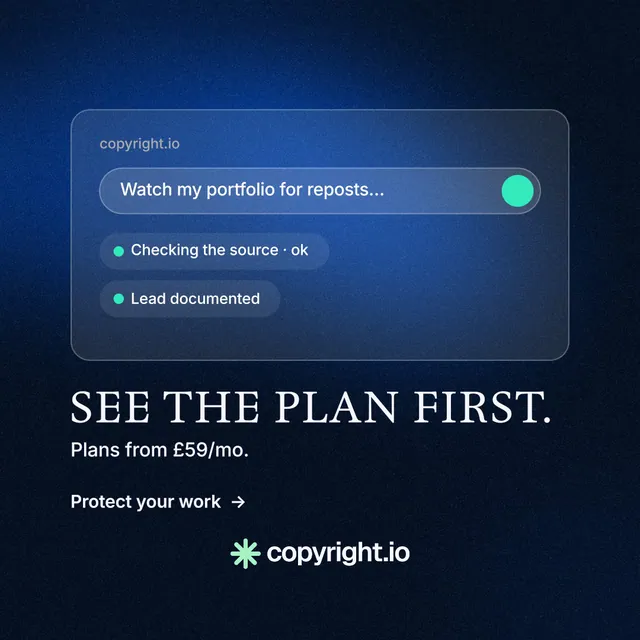 Instagram post for copyright.io: "See the plan first." Minimal luxury style, bottom layout, dark palette in black, blue.