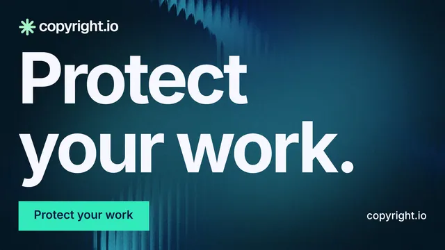 Landscape graphic for copyright.io: "Protect your work." Swiss style, poster layout, dark palette in blue, black, teal.