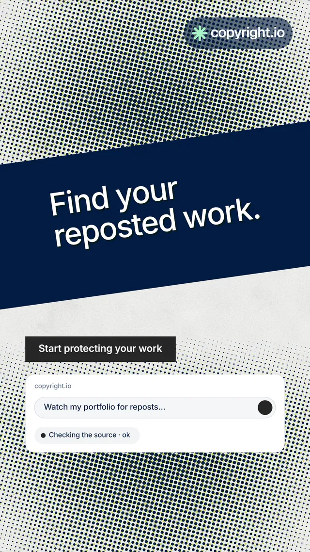 Instagram story for copyright.io: "Find your reposted work." Retro print style, diagonal layout, light palette in grey, blue, white.