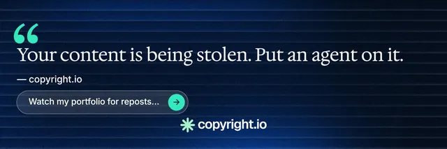 X header for copyright.io: "Continuous protection for creators." Agentic glass style, quote layout, dark palette in black, blue.