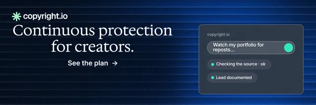 X header for copyright.io: "Continuous protection for creators." Minimal luxury style, skeleton layout, dark palette in black, blue, grey.