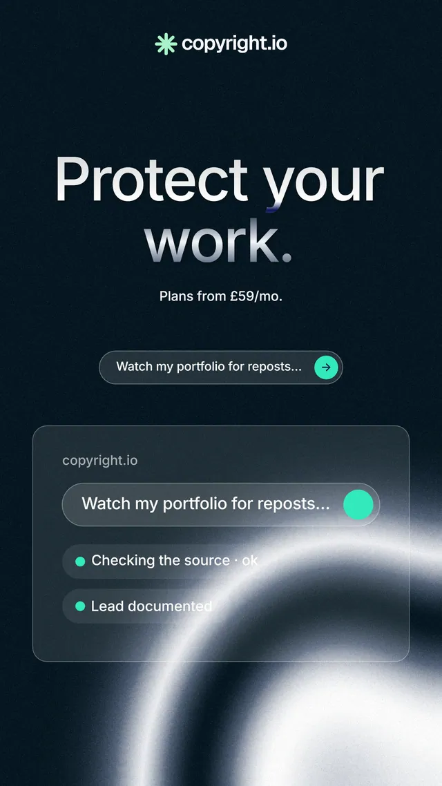 Instagram story for copyright.io: "Protect your work." Agentic glass style, centred layout, dark palette in black, blue, grey.