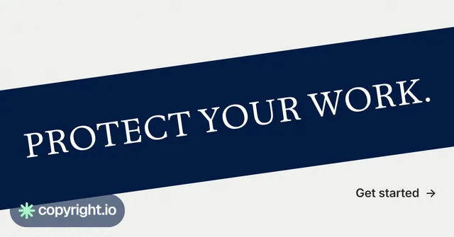 Social ad for copyright.io: "Protect your work." Minimal luxury style, diagonal layout, light palette in white, blue.
