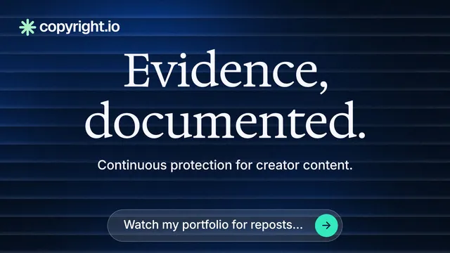 Landscape graphic for copyright.io: "Evidence, documented." Agentic glass style, centred layout, dark palette in black, blue, grey.
